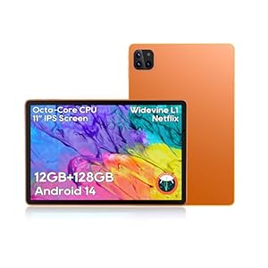 Android Tablets, 11 inch Octa-Core Processor Tablet with 2 Years Protection, 128GB Storage,12GB RAM, 6ft Charging Cable, 8000mAh Battery, Reinforced Type-C Port, Quad-Speaker, Orange