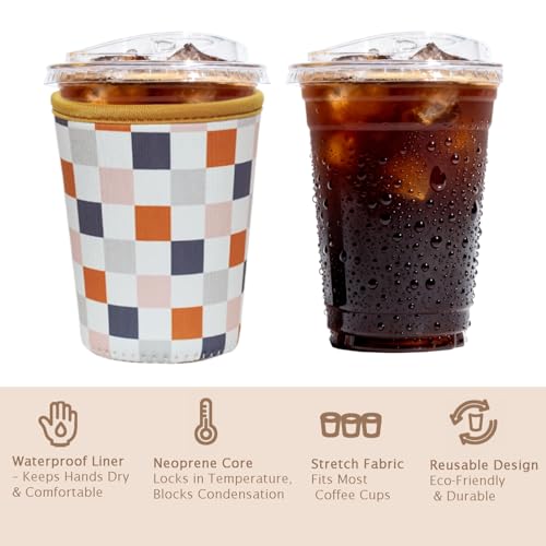 Image of Reusable Insulated Sleeve for Iced Coffee Cup, Coffee Neoprene Sleeve for Cold & Hot Drinks, Beverage Holder for Iced Coffee (Muted Grid, Small: 16-18oz)