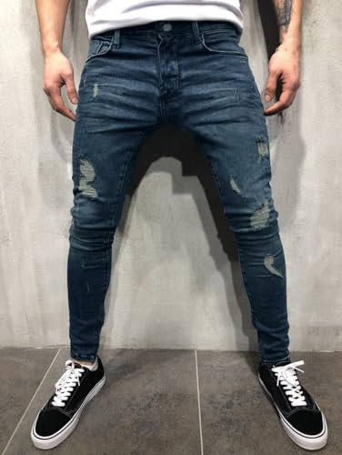 Jeans Pants Trouser Denim Ripped Hole Street Trendy Elastic Tight Washed Blue Pencil for Men4