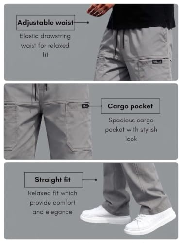 Image of Cargo for Men | Cotton Cargo Pant | Lower for man | Elastic Drawstring Waist Straight Fit Bottoms | Comfortable Breathable Cargos for Casual, Office Wear