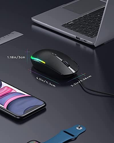 Seenda Wired Mouse, LED RGB Backlit Mouse with 1.5m USB Cable, 1600 DPI Silent Ergonomic Portable Computer Laptop Corded Mice for All USB Enabled Devices - Black