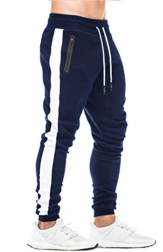 Susclude Men's Elastic Waist Running Sweatpants Cotton Gym Jogger Pants with Pockets Side Stripe Workout Exercise Active Pants Navy XL