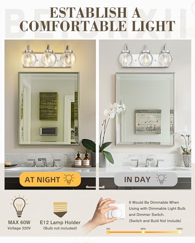 Image of Beionxii Brushed Nickel Bathroom Light Fixtures, 3-Light Bathroom Vanity Light Over Mirror, Modern Vanity Lighting Fixtures with Clear Glass Shade for LivingRoom Hallway, BX-VL03BN-3CG