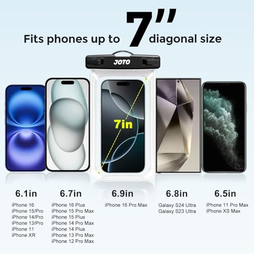 Image of JOTO Up to 7 inch Universal Waterproof Phone Case for iPhone 17 Air 16 15 14 13 12 11 Plus Pro Max, IPX8 Cellphone Dry Bag XR X SE, Galaxy S23 S22 S21 S20+ S20 S10 Plus Note, Pixel -Clear
