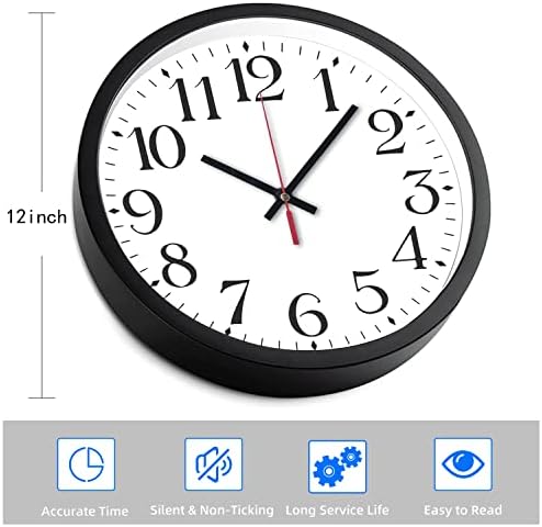 Wall Clock 12 inch Large Number Silent Quartz Decorative Clocks, Battery Operated, Decorative Home Office School Kitchen(Black White)