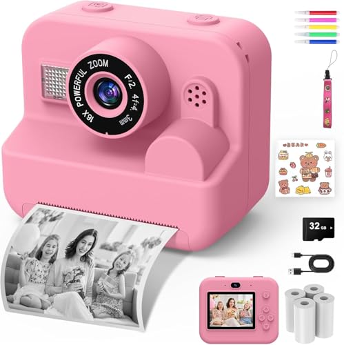 Macchina Fotografica Bambini Istantanea - 1080P 2.4' Selfie Fotocamera Bambini con Carta da Stampa e 32GB Scheda, Giocattolo Regalo Natale Bambino e Bambina 3-12 Anni (Rosa)