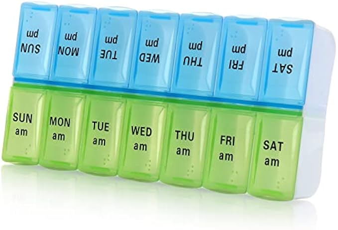 7 Day Weekly Pill Organizer，Large Daily Pill Organizer 2 Times a Day,AM PM Pill Case, Day Night Pill Container 7 Day 14 Compartments for Pills Vitamin Medication (Blue+Green)