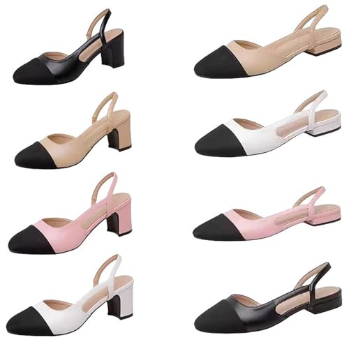 Women's Cap Toe Slingback Thick Heels Pumps,Classic Round Toe Chunky Heeled Ankle Strap Fashion Splicing Dress Shoes2