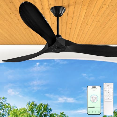 Image of Outdoor Ceiling Fan No Light for Patios, 52 inch Ceiling Fans Without Lights with Smart App and Remote Control, Wet Rated 3 Blades Wood Propeller Modern Fan for Exterior Outside, High CFM, Black