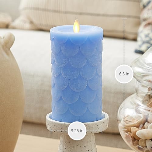 Image of Luminara Embossed Fish Scale Flameless LED Candle, Cornflower, 3.25 inch x 6.5 inch, Moving Flame Pillar, Battery Operated with Timer, Indoor