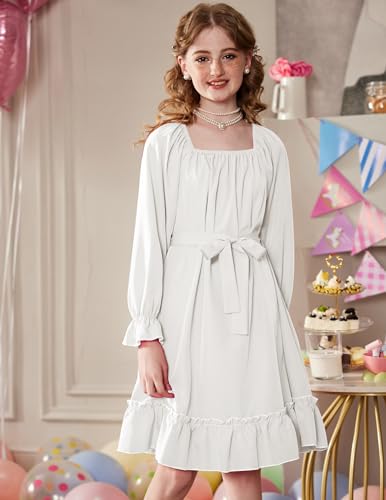 Arshiner Girls Long Sleeve Dress Holiday Party Casual Ruffle Flowy Swing Midi Dresses 5-14 Years4