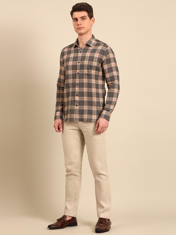 Image of Linen Club Men's Linen Rich Natural Printed Contemporary Fit Full Sleeve Casual Shirt