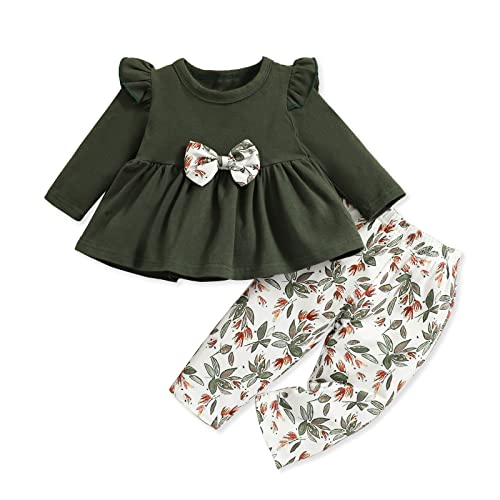Image of PATPAT Baby Girl Clothes Long Sleeve Ruffle Tunic Top Floral Pants Set Infant Girls Outfits Dark Green 3-6 Months