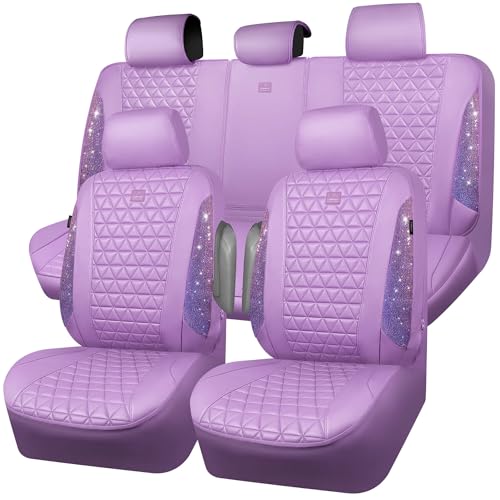 CAR PASS Light Purple Bling Diamond Leather Car Seat Covers Full Sets Waterproof Shining Glitter Sparkly Crystal Universal Armrest Fit for Automotive Truck SUV Cute Women Girl Lavender Rhinestone