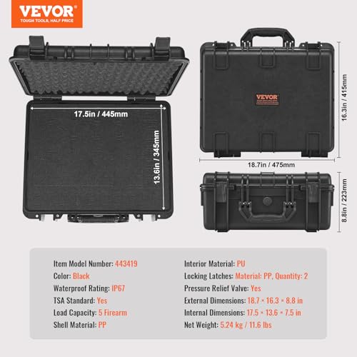 VEVOR Hard Pistol Cases with Pre-Cut Lining, Waterproof & Dustproof Hard Gun Case for 5 Pistol, 18.9×16.3×8.5 in Lockable Pistol Case, Black - Image 8