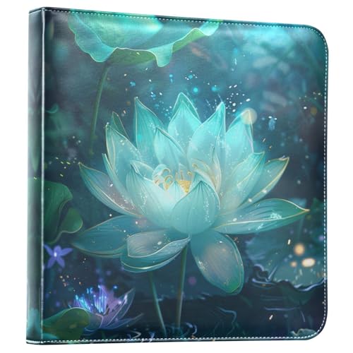 JIPONI Glowing Turquoise Lotus Flower Large Photo Album, DIY Leather Cover Scrapbook Albums for 4x6 5x7 6x8 Pictures, Self Adhesive Memory Book for Wedding, Baby, Family