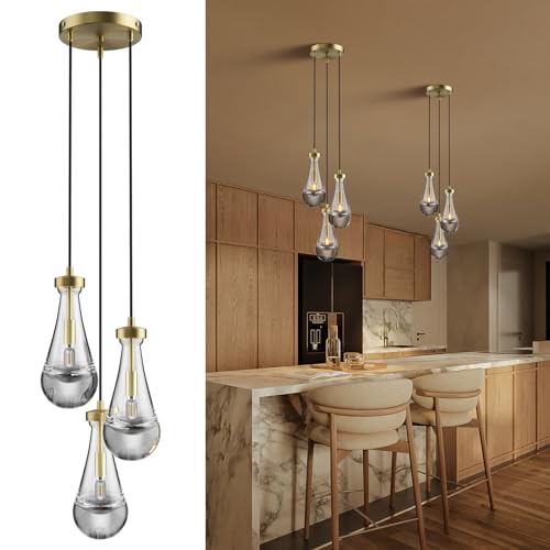 YUEXPAND Raindrop Pendant Lights, Gold Teardrop 3 Light Pendant Lighting, Adjustable Hanging Rope Light for Kitchen Island