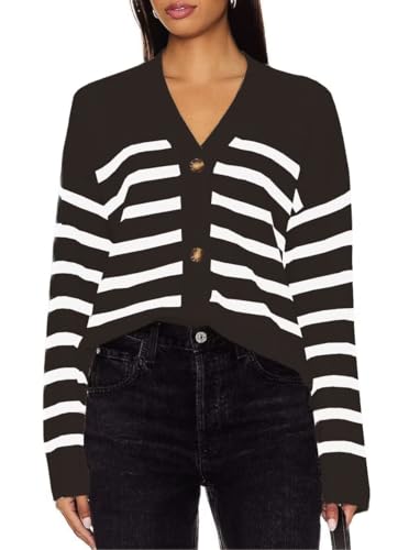 Image of Dressmine Women's Botton Down Striped Sweater Long Sleeve V Neck Open Front Cardigan Knit Ribbed Jacket