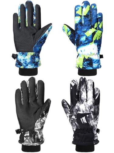 Image of Honoson 2 Pairs Kids Snow Gloves, Winter Waterproof | for Outdoor Snowboard Sledding, Warm Fleece Lining, Windproof, Adjustable Wrist Strap, Youth Cold Weather Ski Glove