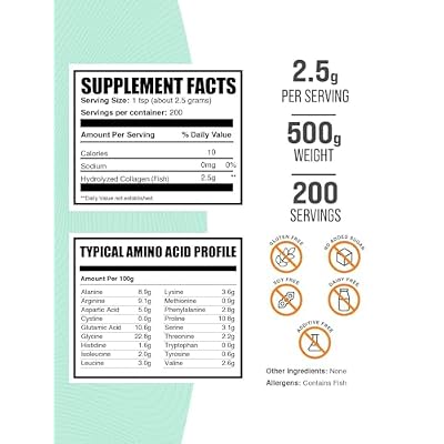 BulkSupplements.com Marine Collagen Powder - Marine Collagen Peptides Supplement, for Hair, Skin, Nails - Hydyrolyzed & Gluten Free, 2.5g per Serving, 500g (1.1 lbs) (Pack of 1)