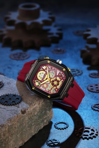 Image of Giordano Analog Quartz Watch for Men with Octagonal Skeleton Dial, Exposed Gear Design, Date Display and Silicone Strap - GZ-50221