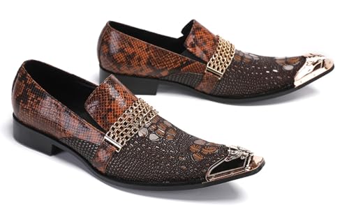 Santimon Men's Dress Loafers, Leather Slip-On Gold Chain Sparkling Shoes for Men -Party Disco Wedding Metallic Tip Smoking Slippers4