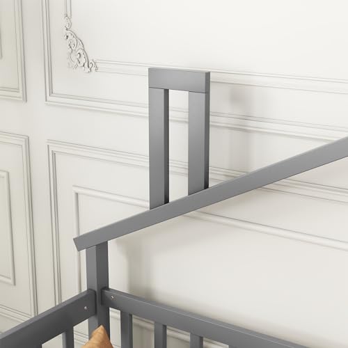 Twin-House-Shaped-Bedside-Floor-Bed-with-Guardrails-Slats-with-DoorGrey Twin House Shaped Bedside Floor Bed with Guardrails Slats with DoorGrey