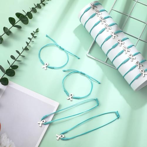 Sasylvia 20/50 Pcs Ovarian Cancer Awareness Bracelets Adjustable Cord Teal Ribbon Braided Bracelets Inspirational Ovarian Cancer Gifts for Women Jewelry Accessories2