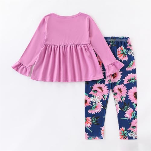 Image of Kids Toddler Girls Clothing Set Long Sleeve Top With Bowknot ＋Floral Print Pants 2 Pcs Fall Outfits Set