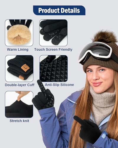 SUTIYO Winter Handschuhe Damen Thermohandschuhe Herren Touchscreen Verdickte Winterhandschuhe mit Warme Fleece Innenfutter Fahrrad Fahren Skifahren (Schwarz)