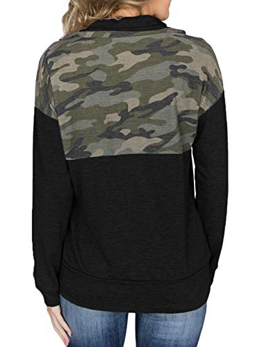 AlvaQ Womens Ladies Winter Soft Quarter Zip Long Sleeve Color Block Pullover Sweatshirt Tunic Tops with Pocket Black Large