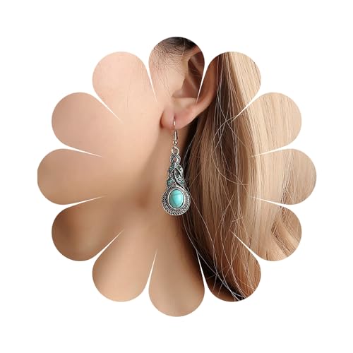 Inilbran Pendientes Boho de Turquesa Gancho de Plata, Pendientes de Piedras Preciosas de Turquesa Azul, Earrings de Vendimia para Mujeres
