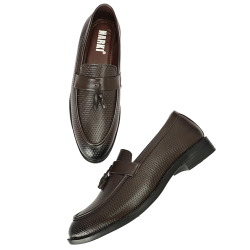 Image of NARKI Men's Black Textured Leather Tassel Loafers - Stylish Slip-On Formal Shoes for Office