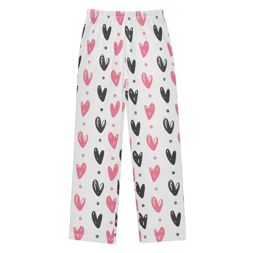 Black and Pink Love Heart Boys Long Pants Soft Trousers Elastic Waist Kids Lounge Bottoms with Pockets S-XL