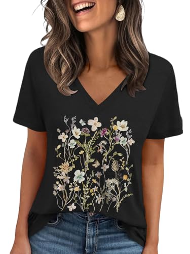 Cuptacc T-shirt d'été basique pour femme - Col en V - Manches courtes - Couleur unie - Décontracté, Fleurs noires, XXL