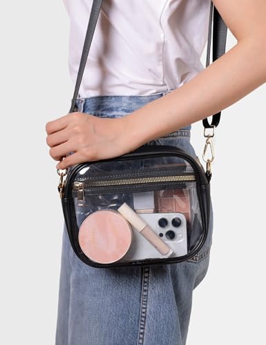 Fibrdoo Clear Bag Stadium Approved, Leather Clear Crossbody Purse Bag for Concerts Sports Events Festivals (Black)