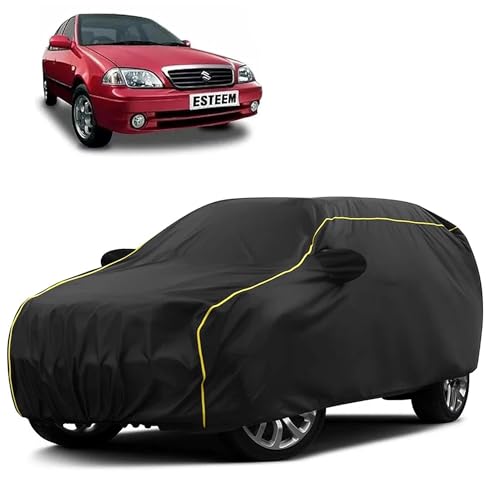 Image of Sulfar 100% Water Resistant Car Body Cover Compatible with Mirror for Maruti Suzuki Esteem (Triple Stitched, Full Bottom Elastic, Black Taffeta with Yellow Piping)