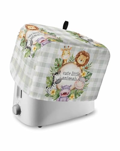 Retro Animal Toaster Cover, Cute Lions Zebras Giraffes Green Leafs Plaid Bread Maker Dust Cover with Pockets for Kitchen Small Appliance Bread Machine 11x6x8in