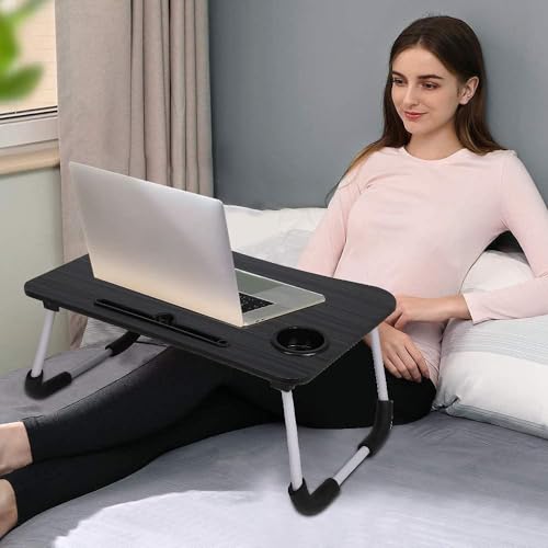 Image of TEKCOOL Study Table Foldable Wooden Laptop Bed Tray Table, Multifunction Lap Tablet Desk with Cup Holder, Perfect for Eating Breakfast, Reading Book, Working, Watching Movie On Bed:.