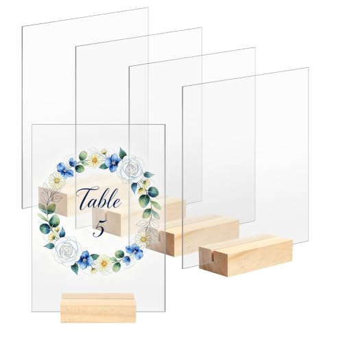 Image of Bercoor 5 Pack 5x7 Inch Blank Clear Acrylic Sign with Wooden Stands, Rectangle Top Acrylic Sheet, DIY Acrylic Rectangle Table Numbers for DIY Name Card Gifts Event Party Sign Decoration
