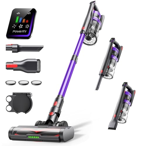Powerffy Cordless Vacuum Cleaner, 600W 50Kpa Stick Vacuum Cleaner with 65mins Rechargeable Battery, Anti-Tangle Brush, Build-in Aromatherapy, Handheld Vacuum Cleaners for Home/Pet Hair/Carpets/Floors