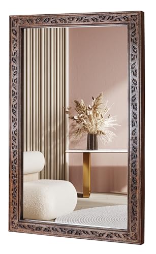 Image of Wooden Bathroom Wall Mirror 30 inchx18 inch - Solid Wood Frame, Burnt Brown | Vanity Mirror, Farmhouse Decorative Wall Mirror for Bathroom, Bedroom, Living Room & Entryway, Vertical /Horizontal Hanging