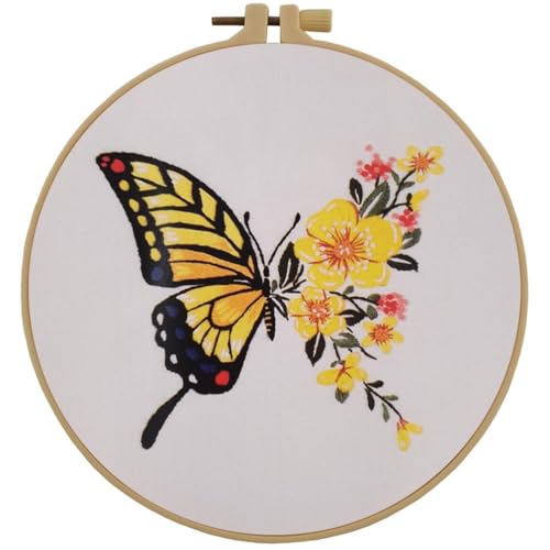 Image of Esffaci Embroidery Starter Kit for Adult Beginner with Butterfly Flower Pattern Hand Embroidery Set with Cloth Hoop Needle Threader Floss and Instruction