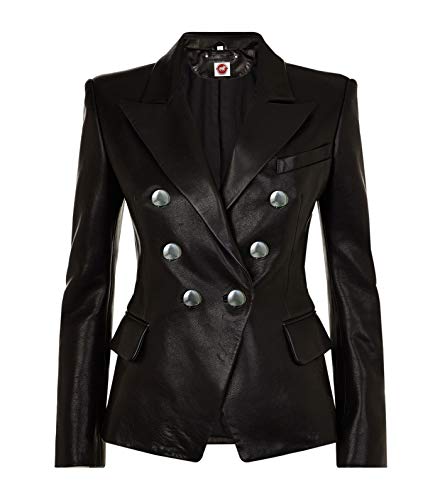 Takitop Cleopatra Black Coat Double-Breasted Blazer Genuine Leather Jacket Women