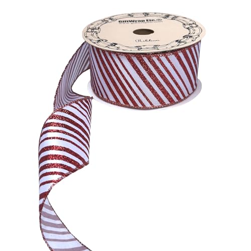 Image of Red Glitter Stripes Christmas Ribbon - 2 1 /2 inch x 20 Yards, Wired Edge, Red White Candy Cane, Wreath, Garland, Gift Wrapping, Bows