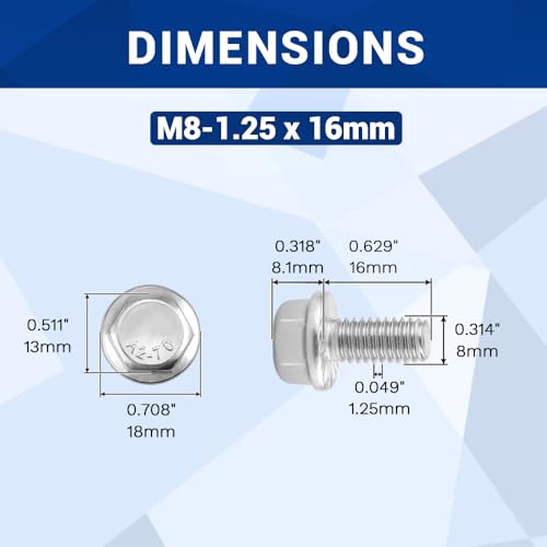 Image of M8-1.25 x 16mm Serrated Flange Hex Bolts + Flange Nut + Flat Washer + Lock Washer Combo Pack, 304 Stainless Steel 18-8, for Automotive & Machinery, 16 Sets