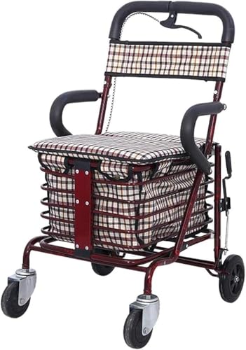 GYDUHYE Rollator Walker Winkelwagen Voor Ouderen Opvouwbare Scooter Met Zitting - Vierwielige Walker Trolley Voor Winkelen En Vrije Tijd, Stalen Frame (Kleur: Wijnrood)