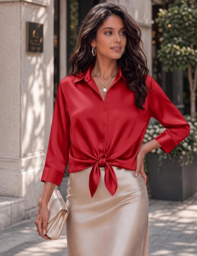 Image of Zeagoo Womens Satin Blouses Button Down Shirts 3 /4 Sleeve Dressy Tops S-2XL