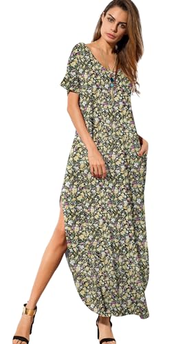 Image of GRECERELLE Women's Summer Maxi Dress Casual Loose V Neck Short Sleeve Side Split Long Dresses with Functional Pockets