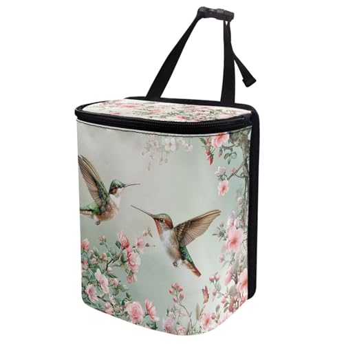 Image of Talayituse Hummingbird Floral Print Car Trash Can with Lid, Leak Proof Auto Trash Bag Hanging Vehicle Garbage Can Multipurpose Storage Container for Back Seat Road Trip